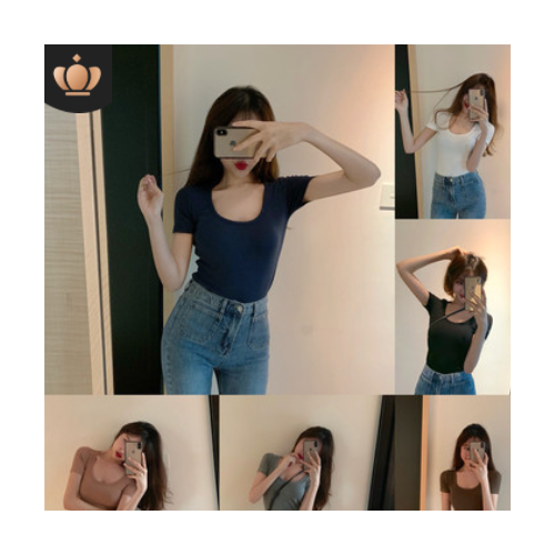 2021夏季新款韩版百搭性感低胸U领修身纯色短袖体恤女弹力打底衫图2