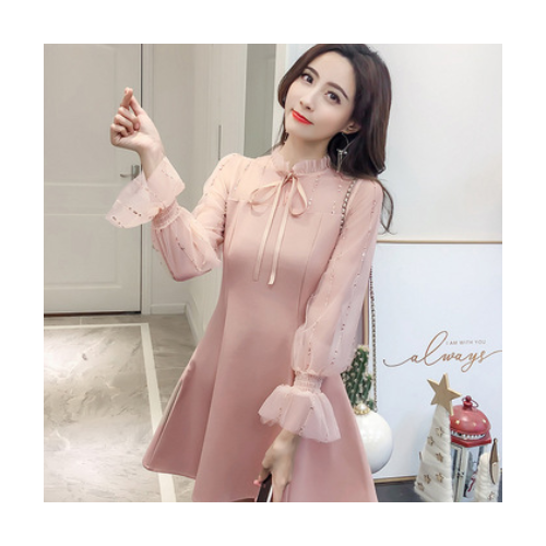 裙子女2020新款韩版修身气质网纱拼接毛呢连衣裙图2