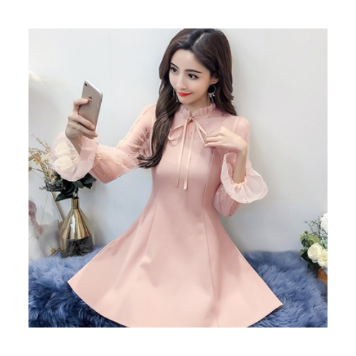 裙子女2020新款韩版修身气质网纱拼接毛呢连衣裙图3