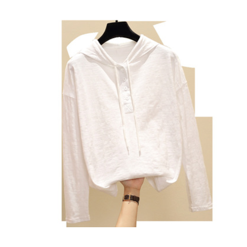 实拍初秋上衣服女新款2019秋装韩版竹节棉长袖t恤女连帽宽松打底图2