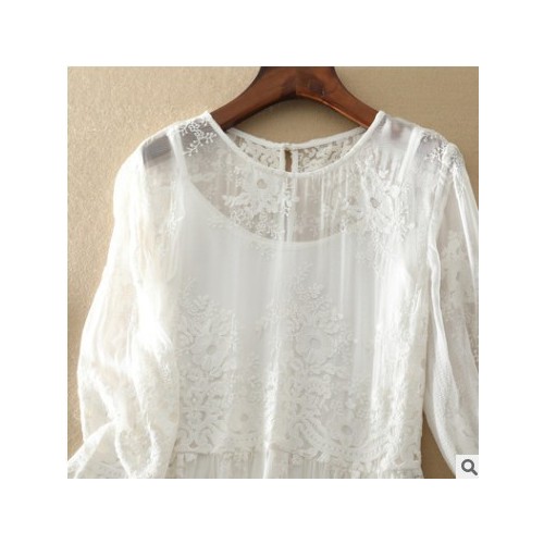 芭碧尔女装新款波西米亚风情白色蕾丝刺绣重磅真丝连衣裙08002