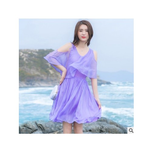 特价芭碧尔真丝连衣裙纯色甜美海边度假桑蚕丝沙滩裙短款08003