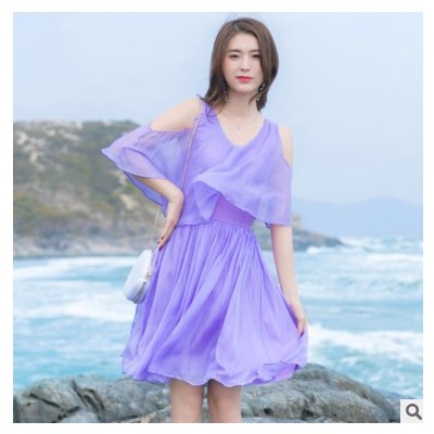 特价芭碧尔真丝连衣裙纯色甜美海边度假桑蚕丝沙滩裙短款08003