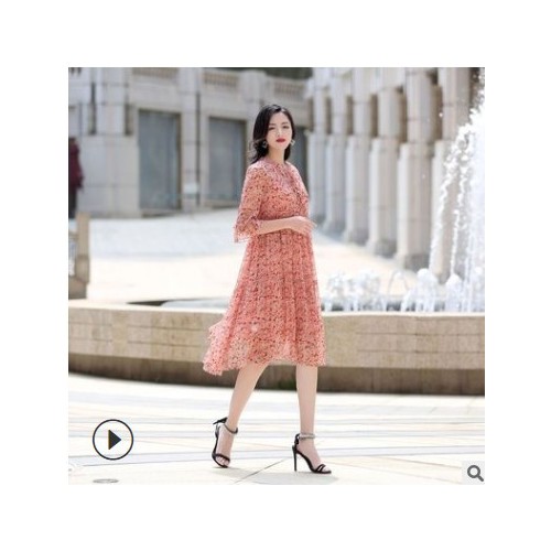 茵美娜2021夏季高档桑蚕丝气质法式名媛大码宽松系领连衣裙女碎花图2
