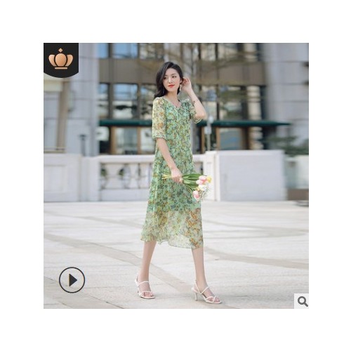 茵美娜2021新款春季女装优雅印花大码修身圆领真丝碎花连衣裙女图3