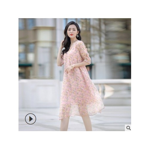 茵美娜碎花裙2021新款春季高端气质碎花修身拼接短袖V领真丝裙女图2