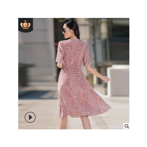 茵美娜2021新款春季女装大码宽松名媛气质收腰真丝印花连衣裙女图2