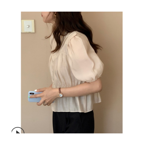 杏色衬衣女2021夏季韩版新款设计感宽松短款别致v领短袖衬衫上衣