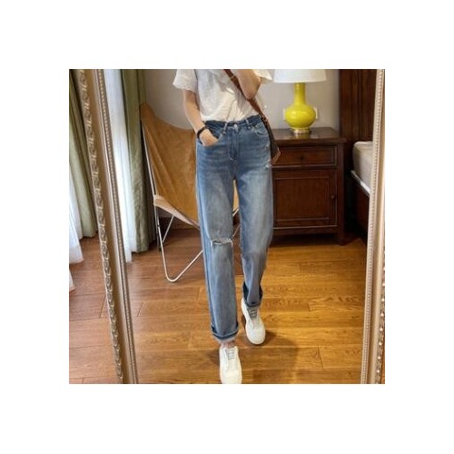 夏日薄软牛仔裤显瘦休闲破洞宽松显瘦高腰直筒阔腿裤女夏2021新款图3