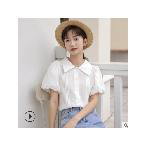 夏装2021年新款甜美森系翻领白色衬衫女设计感小众chic短袖衬衣图3
