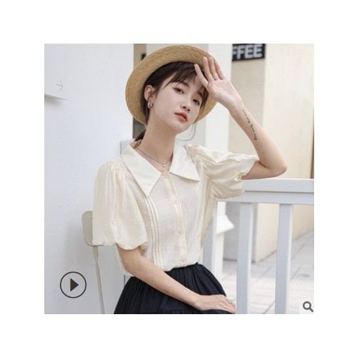 夏装2021年新款甜美森系翻领白色衬衫女设计感小众chic短袖衬衣图2