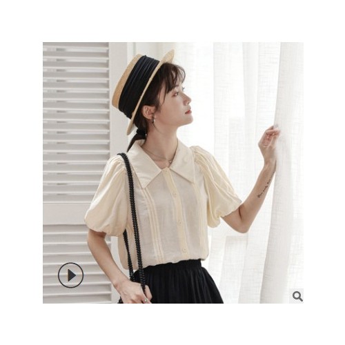 夏装2021年新款甜美森系翻领白色衬衫女设计感小众chic短袖衬衣图2