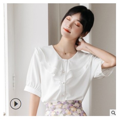 2021新款韩版气质显瘦纯色荷叶边双层单钉珠短袖雪纺衫女夏季