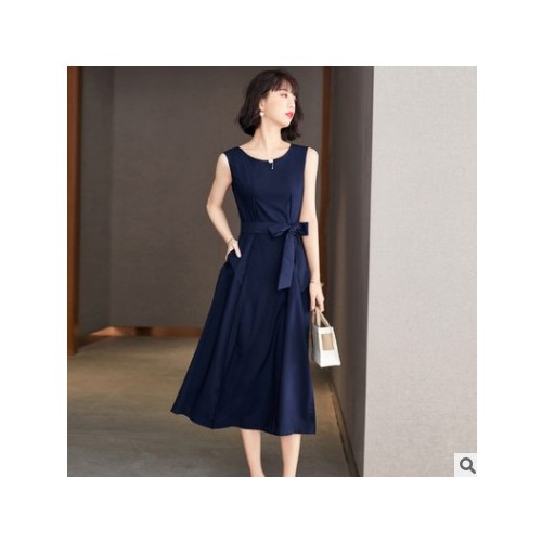 2021夏新款纯色无袖连衣裙女装系腰带百搭修身显瘦裙子女一件代发图1