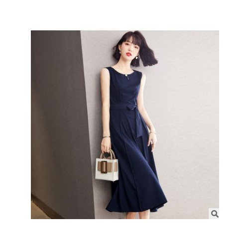 2021夏新款纯色无袖连衣裙女装系腰带百搭修身显瘦裙子女一件代发图3