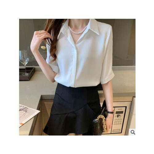 2021年夏季新款缎面衬衫女设计感带职业衬衣七分袖薄款大码上衣女图2