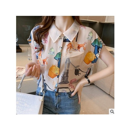 2021夏季新款短袖百搭翻领碎花女上衣洋气遮肚子宽松衬衫图3