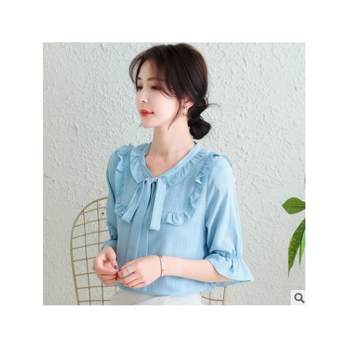 雪纺衫女短袖夏季2021年新款蝴蝶结上衣服设计感小众时尚衬衫图2