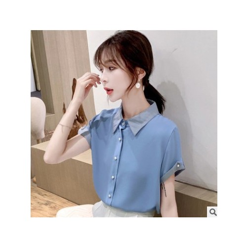 2021夏季拼色短袖雪纺衫衬衫女薄款韩版宽松洋气小衫上衣图3