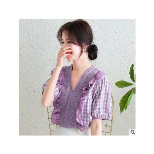 2021新款夏季洋气衬衫女潮泡泡袖短袖雪纺衬衣v领上衣夏装图1