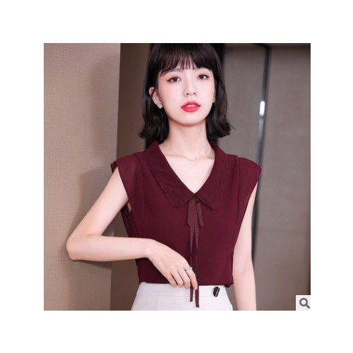 娃娃领雪纺衫女轻熟风网纱短袖2021夏季上衣蕾丝小衫v领衬衫图2