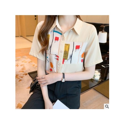 2021年新款夏季气质短袖设计感高端印花拼接上衣女图3