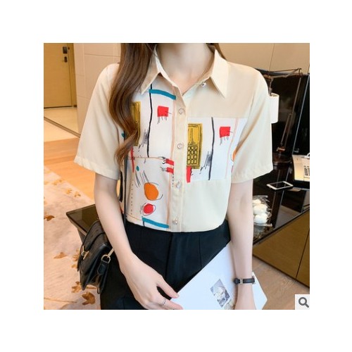 2021年夏季新款女装系带蝴蝶结衬衫短袖气质印花显瘦垂感上衬衣图3