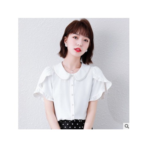2021夏季新款奢华钉珠衬衫甜美娃娃领单排扣荷叶袖小衫女减龄图3