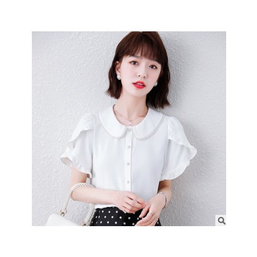 2021夏季新款奢华钉珠衬衫甜美娃娃领单排扣荷叶袖小衫女减龄图2