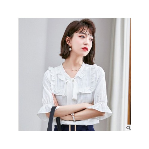 雪纺衫女短袖夏季2021年新款蝴蝶结上衣服设计感小众时尚衬衫图2