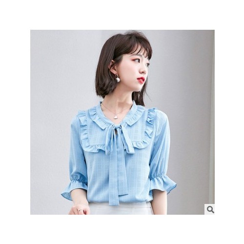 雪纺衫女短袖夏季2021年新款蝴蝶结上衣服设计感小众时尚衬衫图3