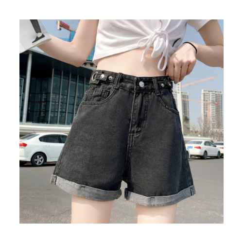 跨境牛仔裤女夏小个子短裤直筒2021新款夏季折边工装高腰a字热裤图1