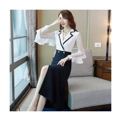 长袖连衣裙2020年新款秋冬季女神范穿搭职业西装设计感小众连衣裙图1