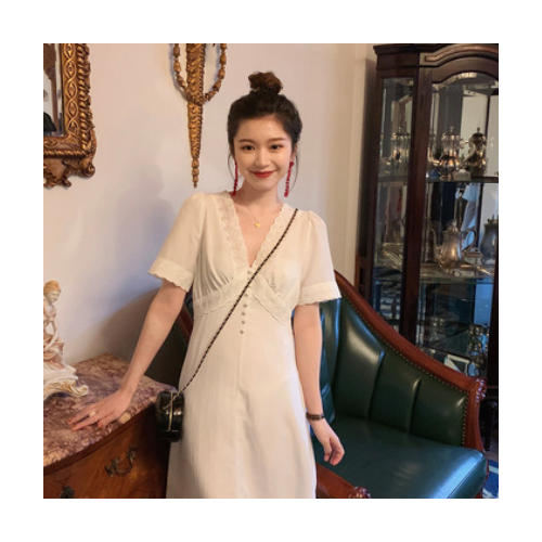 胖子王老板 仙气少女穿搭 法式白色蕾丝领连衣裙女夏初恋小白裙图1