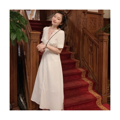 胖子王老板 仙气少女穿搭 法式白色蕾丝领连衣裙女夏初恋小白裙图3