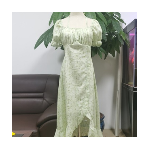 JMSHOP 绿野仙踪 泡泡袖裙子吊带露肩设计感中长款雪纺碎花连衣裙图2
