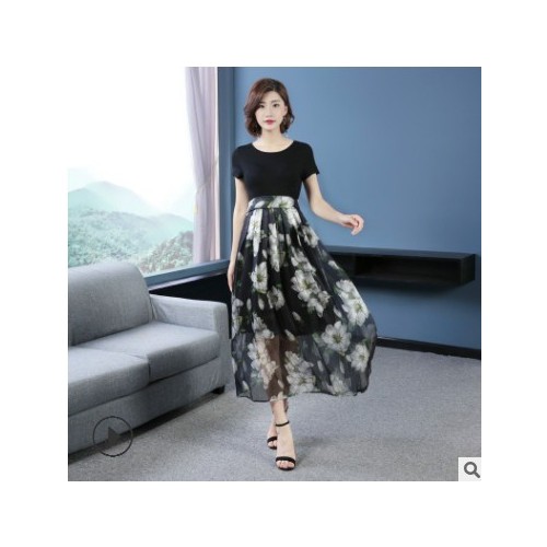 夏季拼接超仙女修身连衣裙 系带假两件显瘦印花短袖连衣裙图1