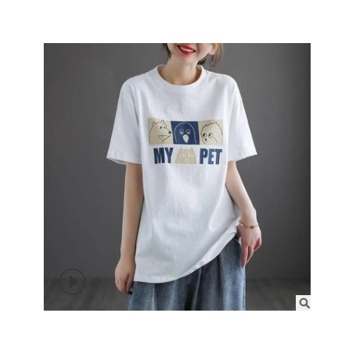 2021夏季新款卡通印花黑色短袖T恤女简约显瘦圆领体恤打底上衣潮图1