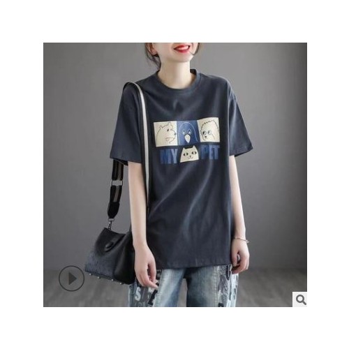 2021夏季新款卡通印花黑色短袖T恤女简约显瘦圆领体恤打底上衣潮图2