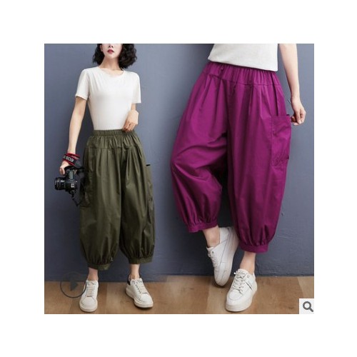 2021夏季新品大码胖MM200斤女装宽松大口袋显瘦九分哈伦工装裤女图2
