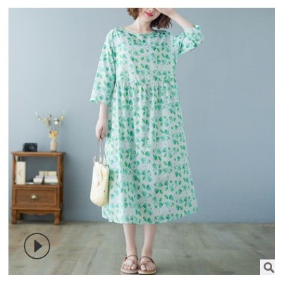 夏季新品大码胖MM女装雪纺印花绿色树叶系带飘逸短袖显瘦连衣裙女
