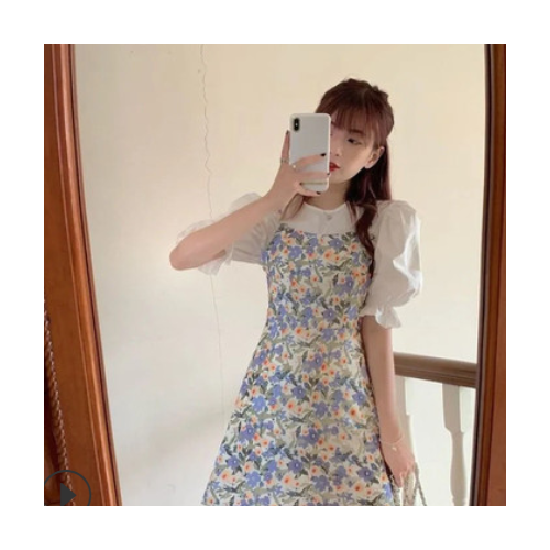 夏2021新款少女甜美小个子森系设计感雏菊碎花吊带裙单件连衣裙女图1