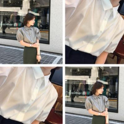 挚爱 灰绿色 嗲嗲短袖shu适衬衫衬衣宽松韩国东大门女