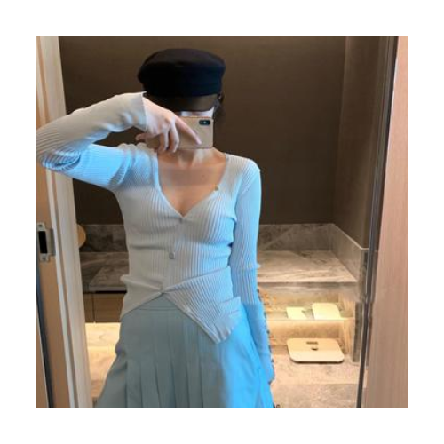 2021春季新款空调衫针织衫韩版V领性感修身显瘦套头长袖浅蓝色女