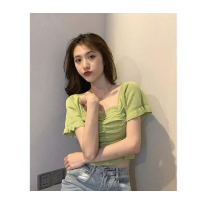 厂家批发紧身bm短款针织上衣女短袖锁骨性感露脐心机设计感衣服