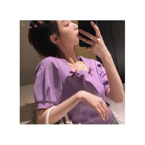 厂家批发甜美泡泡袖上衣学生短款可爱蝴蝶结露锁骨方领短袖T恤女图3
