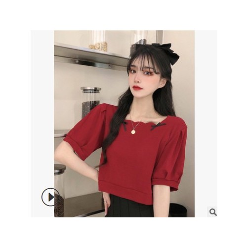 厂家批发设计感方领短袖t恤女夏装2021年新款洋气蝴蝶结短款上衣图2