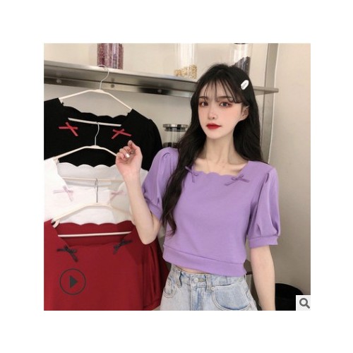 厂家批发设计感方领短袖t恤女夏装2021年新款洋气蝴蝶结短款上衣图3