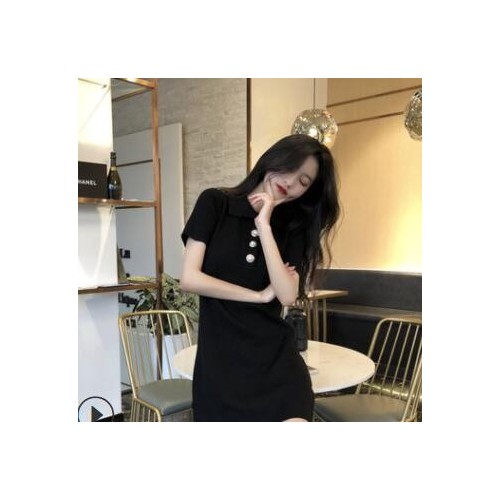 复古闺蜜短袖连衣裙中长款polo领高腰2020夏季针织收腰拼色裙子女图2