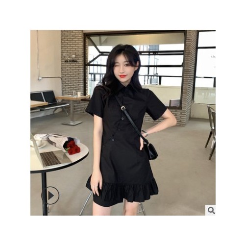 工厂直供2021新款衬衫领连衣裙女设计感荷叶边收腰显瘦气质小黑裙图3